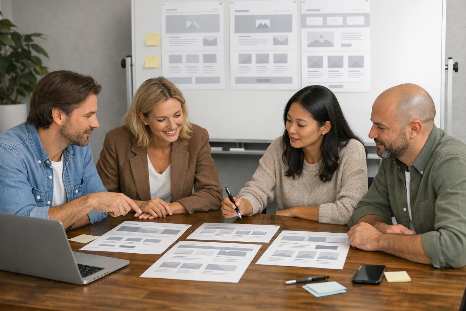 Zdjęcie zespołu projektowego omawiającego makiety strony