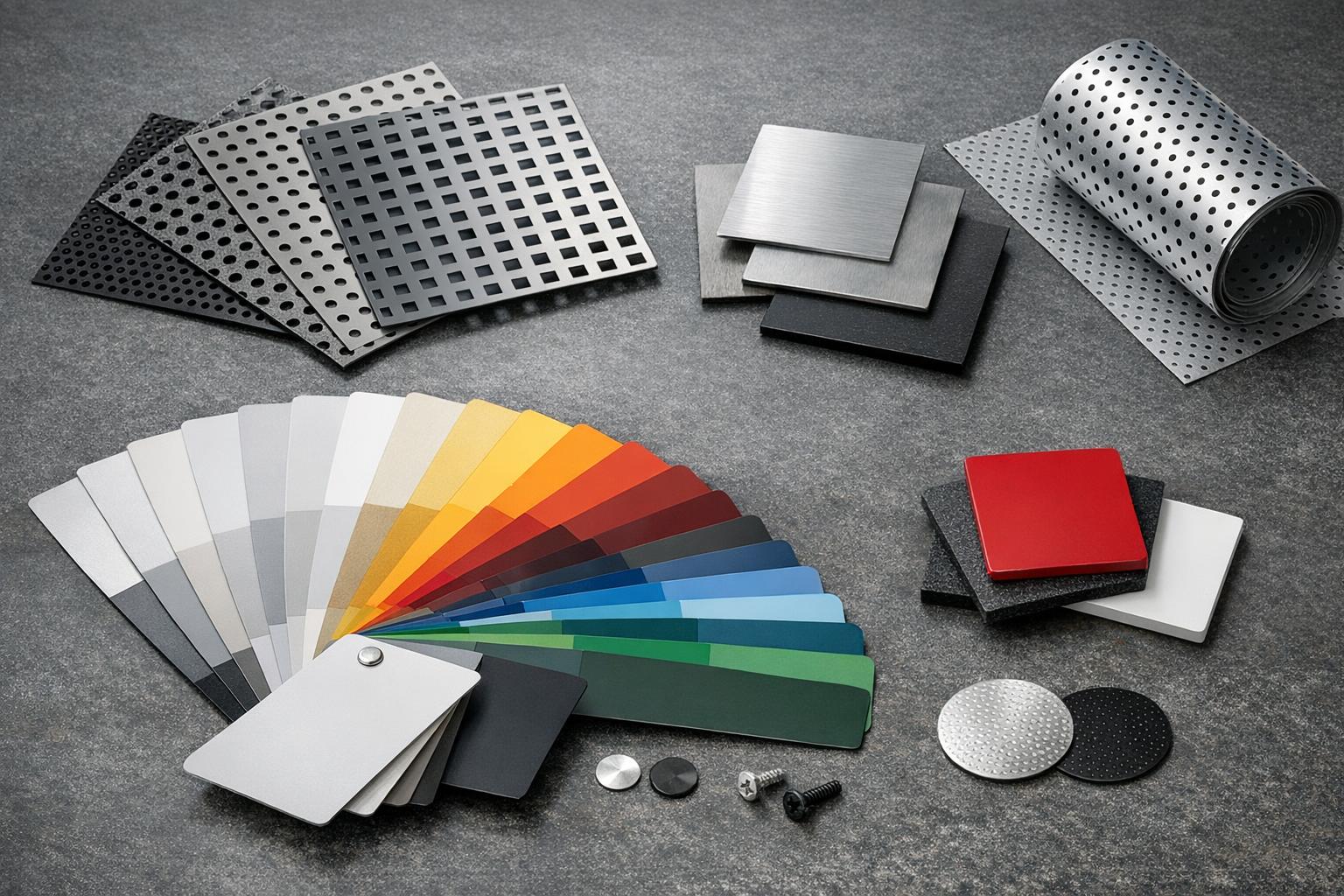 Opis zdjęcia: próbki materiałów do perforacji — aluminium, stal, powłoki lakiernicze